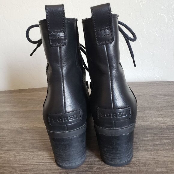 Sorel Cate Waterproof Leather Lace-Up Block Heel Ankle Boots Black 7 Biker Moto - Picture 4 of 12